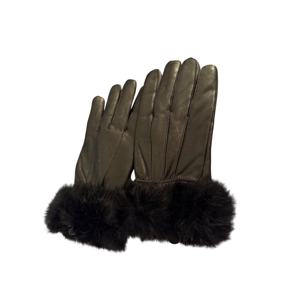 Elegant Winter Style Womens Leather Fur Gloves Size M Black Wrist-length Classic